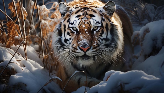 Le tigre sibérien marche sur la neige.