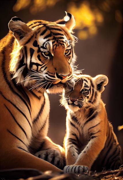 Photo tigre avec son petit jouant ensemble au soleil ai générative