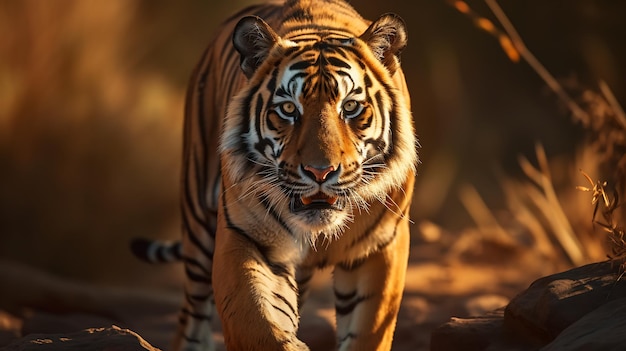 Le tigre de Sumatra se promène dans la lumière du matin dans le désert du Kalahari, en Afrique du Sud.