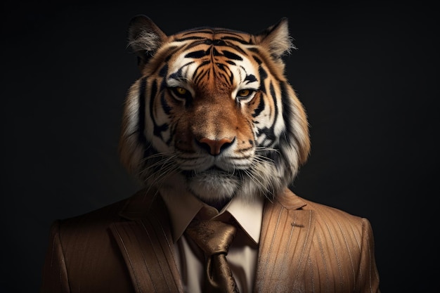 Un tigre vêtu d'un costume et d'une cravate IA générative