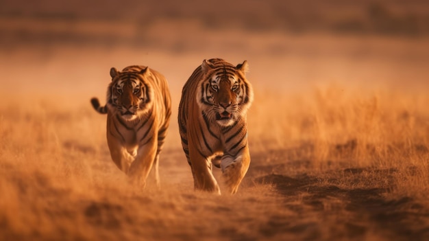 Photo les tigres courent dans les plaines et poursuivent leur proie.