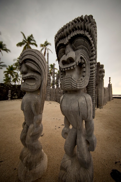 Photo tiki en bois sculpté avec palmiers dans le dos