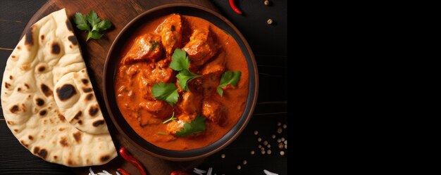 Photo tikka masala curry épicé nourriture à base de viande poulet au beurre avec du pain sur fond sombre