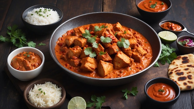 Le tikka masala de poulet habilement disposé sur une table en bois sombre est capturé dans un ph de haute qualité