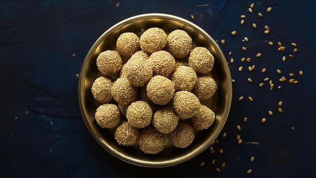 Photo til chikki et boule de graines de sésame plat sucré indien fait avec du jaggery et des graines de sesame