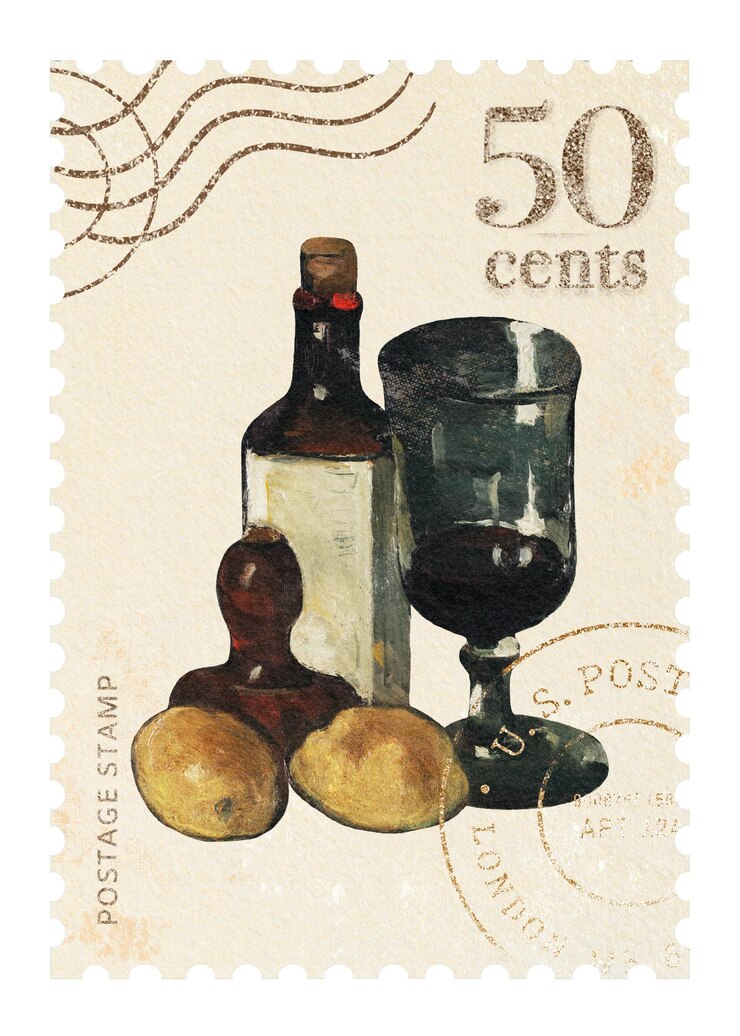 Photo un timbre-poste à la nature morte de vin vintage