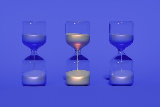 Time Concept Hourglass Sand qui traverse le temps qui passe sur fond violet bleu pastel