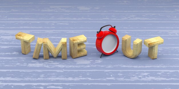 Time Out Word avec horloge sur fond de bois. Rendu 3D