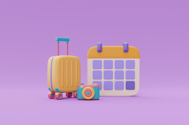 Time to travel concept valise avec appareil photo et calendrier Tourisme et voyage rendu 3d