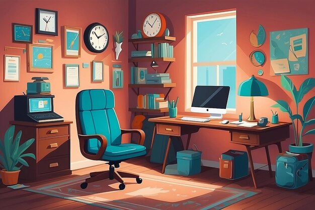 TimeTravel Home Office Era Inspiré par l'art vectoriel de l'espace de travail à distance