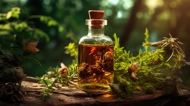 Tincture d'herbes et de fleurs dans une bouteille de médecine à base de plantes IA IA générative