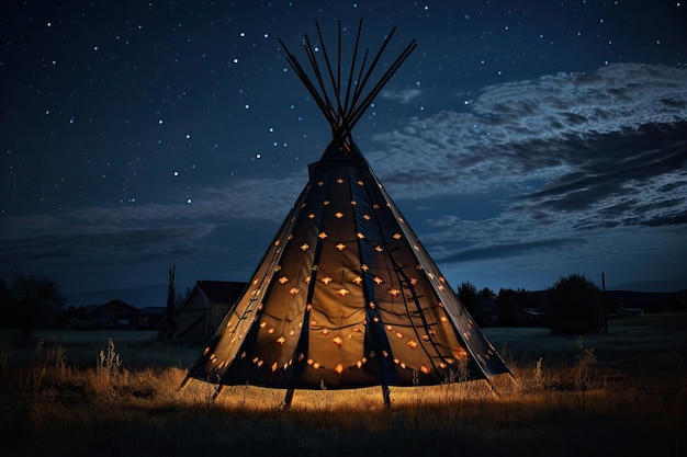 Un tipi indien traditionnel dans le champ la nuit avec un ciel étoilé un tipi indien amérindien la nuit avec un ciel étoilé généré par l'IA