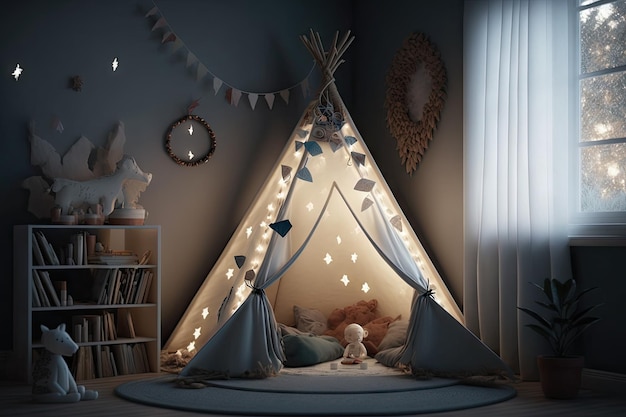 Tipi avec lumière et lanternes à l'intérieur de la chambre d'enfant créant une atmosphère chaleureuse et enchantée