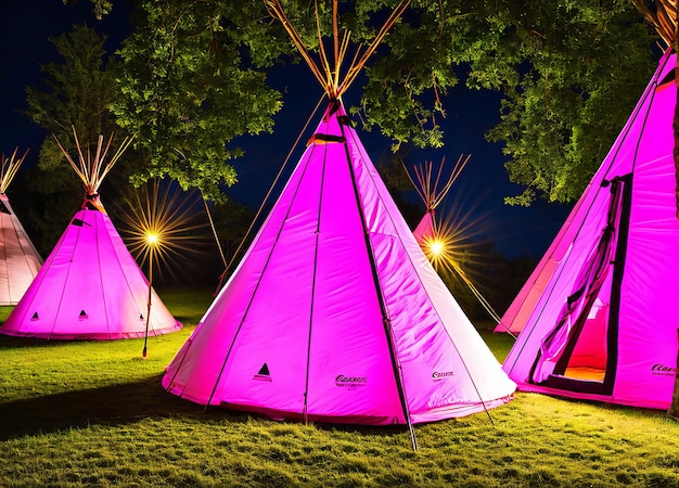 Photo un tipi rose est éclairé dans le noir.