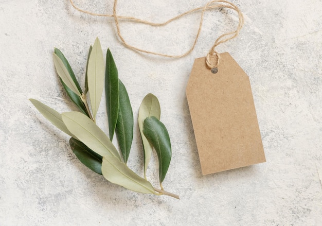 Étiquette-cadeau en papier kraft sur une table en marbre blanc avec vue de dessus de branches d'olivier. Modèle moderne élégant avec étiquette d'étiquette verticale. Maquette plate méditerranéenne avec place pour le texte