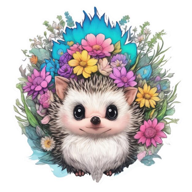 Étiquette d'un mignon hérisson entouré de fleurs Illustration à l'aquarelle sur un fond transparent Png Animal de dessin animé adorable Pour l'impression d'éléments d'emballage d'étiquette textile Conception de livres pour enfants