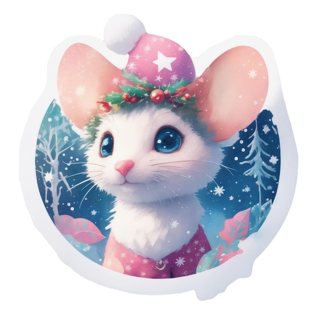 Étiquette de Noël d'une souris mignonne dans l'atmosphère festive du Nouvel An Illustration à l'aquarelle sur fond transparent Png Animal adorable Pour l'impression d'éléments d'emballage d'étiquette textile de conception de livres pour enfants