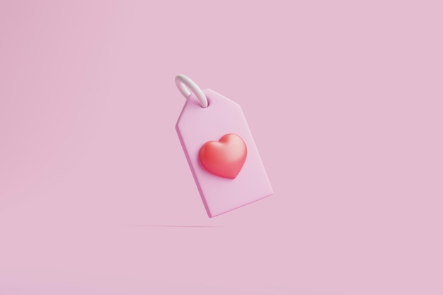 Étiquette de prix coupon de réduction avec coeur sur fond rose illustration de rendu 3D