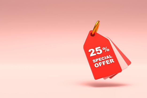 Étiquette de prix de rendu 3D avec 25 % de réduction et espace libre pour envoyer des SMS sur fond rouge pastel Offre spéciale 25 étiquette de réduction Super offre de vente et best-seller