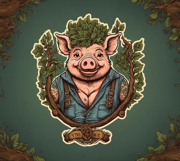 Étiquette vintage avec un cochon dans un chapeau et une couronne de feuilles