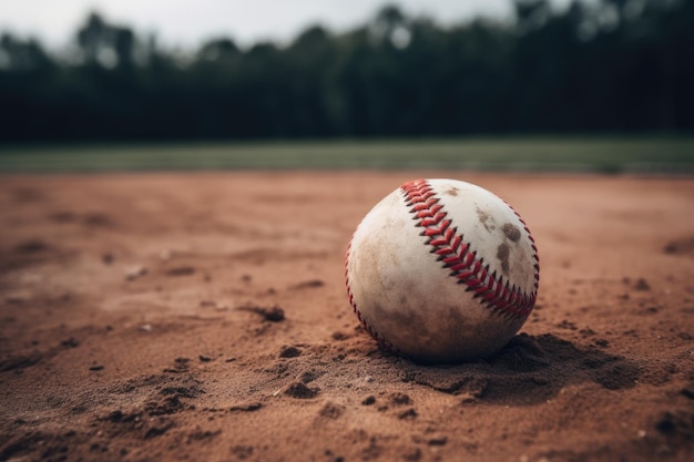 Tir d'une balle de baseball allongée sur le terrain créée avec une IA générative