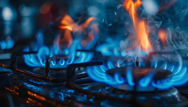 tir de feu bleu du dessus du poêle de cuisine domestique cuisinière à gaz avec des flammes brûlantes de gaz propane