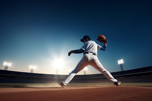 Un tir puissant sert un joueur de baseball professionnel méconnaissable en action de mouvement pendant le match