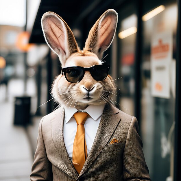 Photo un tir vertical d'un beau jeune lapin avec des lunettes de soleil et un nœud papillon posant sur un ba flou