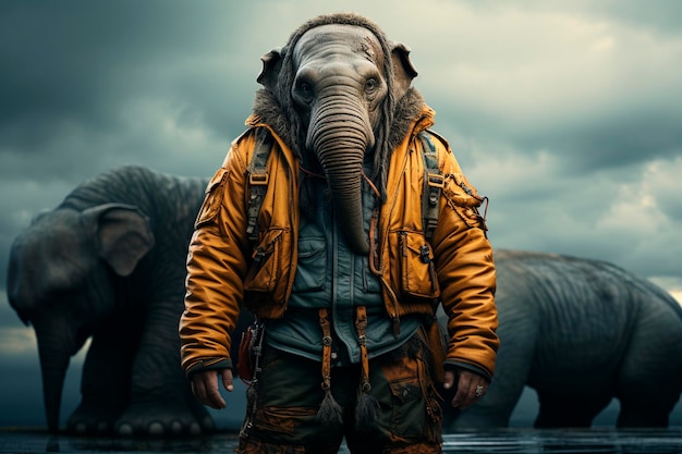 Un tir vertical d'un éléphant portant une veste en cuir vintage et un chapeau avec un backgroundgenerative ai flou