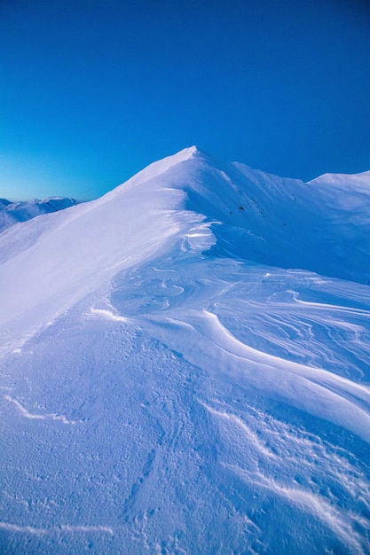 Tir vertical de montagnes couvertes de neige sous un ciel lumineux