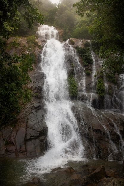 Tir vertical rêveur d'une chute d'eau coulant en bas d'une montagne rocheuse