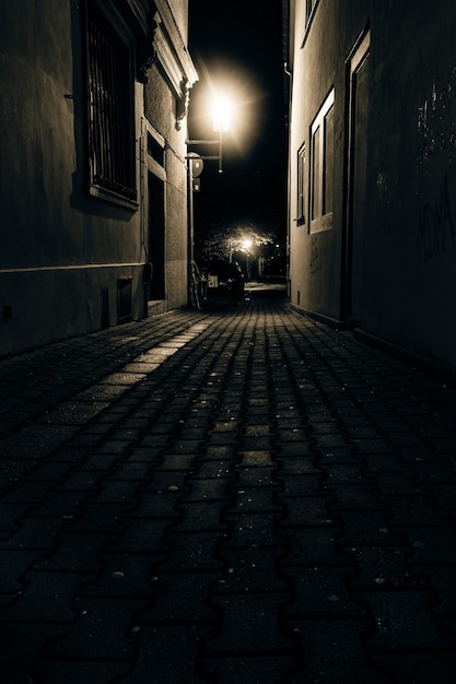 Tir vertical d'une ruelle capturée la nuit dans un quartier