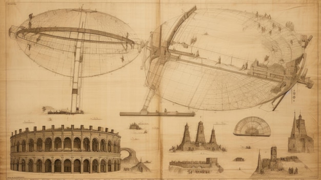 Un tirage technique Vintage d'une architecture Bâtiments dans le style des croquis de Léonard de Vinci