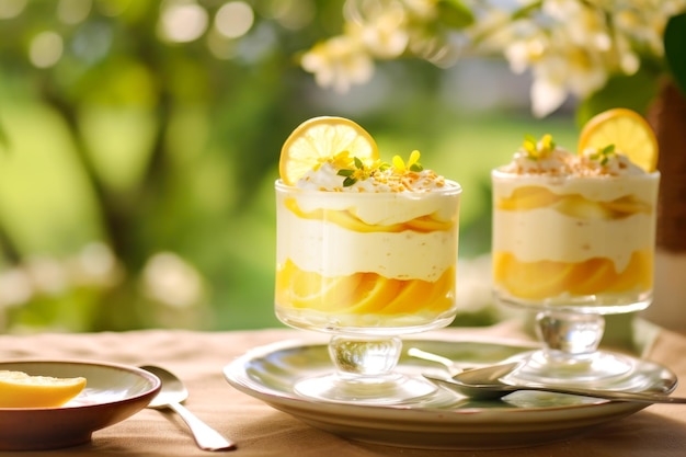 Tiramisu aux agrumes avec citrons et oranges décoré de fleurs comestibles sur fond de jardin flou