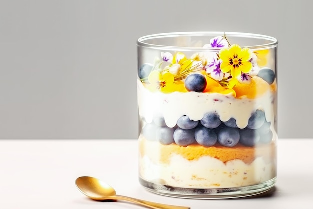 Tiramisu aux fruits et baies aux myrtilles et pêches décoré de fleurs comestibles