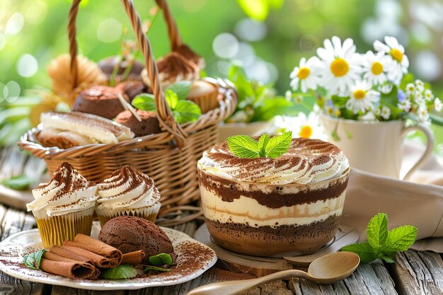 Tiramisu dans un bar de desserts de pique-nique en plein air au printemps