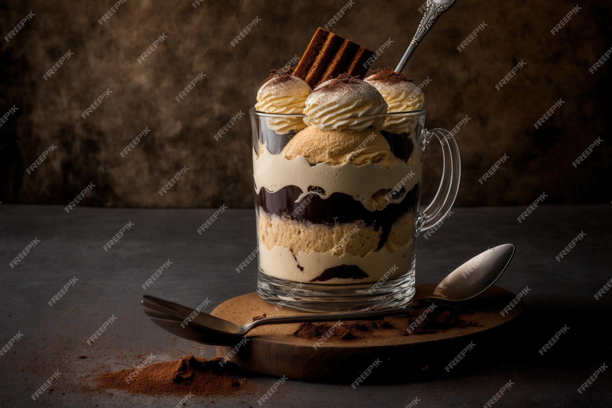 Tiramisu Un Dessert Italien Classique En Verre Avec Un Fond De Pierre  Dessert Savoiardi Et Mascarpone Au Goût De Café Saupoudré De Poudre De  Chocolat