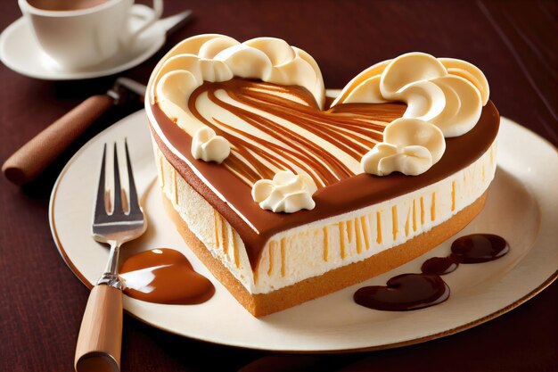 Photo tiramisu en forme de coeur en forme de coeur avec crème et caramel