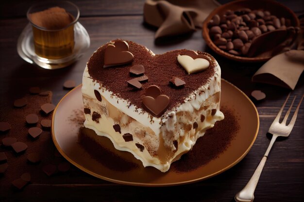 Tiramisu en forme de coeur avec des morceaux de chocolat et de crème avec décoration