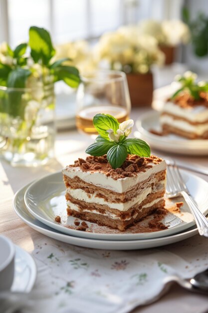 Tiramisu sur la table festive de Pâques Cuisine blanche