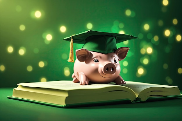 Tirelire en chapeau de remise des diplômes sur livre sur fond vert ai générative