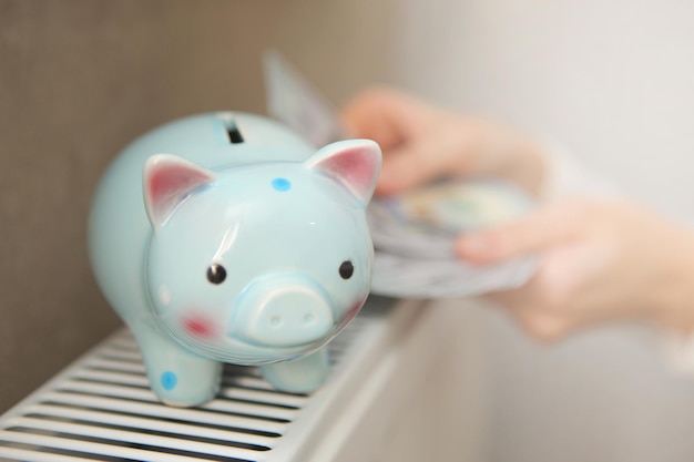 Photo tirelire cochon et billets d'un dollar sur un radiateur à l'intérieur du concept de chauffage en gros plan