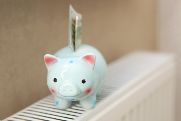 Tirelire cochon et billets d'un dollar sur un radiateur à l'intérieur du concept de chauffage en gros plan