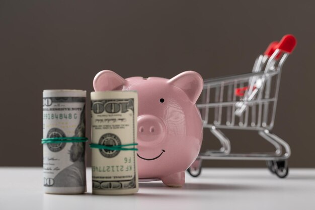 Tirelire cochon rose avec des billets américains de 100 dollars sur fond blanc