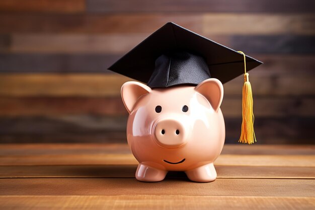 Tirelire avec graduation cap sur fond de bois marron