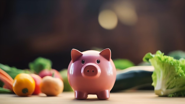 Une tirelire avec des légumes en arrière-plan