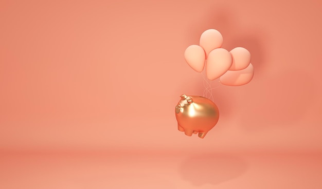 Tirelire en or volant avec des bulles sur fond rose pastel et corail rendu 3d