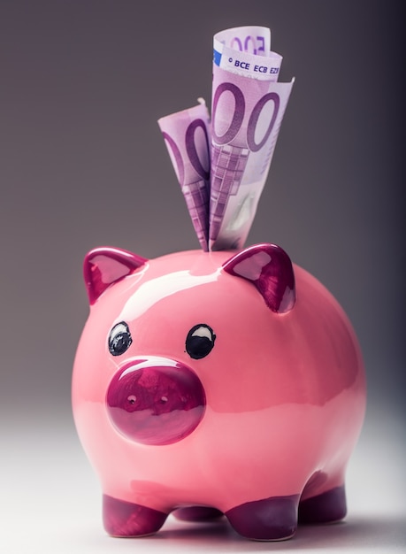 Tirelire.Pink Piggy enregistrer et cinq cents billets en euros.Photo tonique.