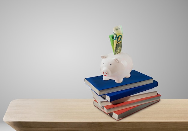 Tirelire rose sur le dessus des livres avec de l'argent et un fond gris comme image conceptuelle de l'idée d'épargne et d'éducation