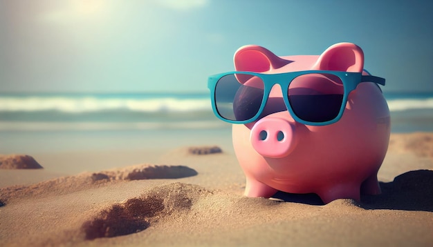 Tirelire rose économiser avec des lunettes de soleil sur fond de sable de plage lors d'une journée ensoleillée de vacances